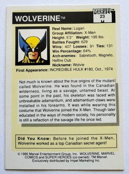 Wolverine Marvel Super Hero 1990 Trading Card 23 X Men