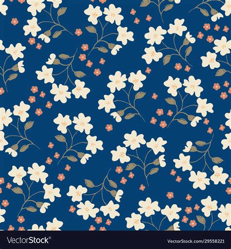 Floral Seamless Pattern On Dark Blue Background Vector Image