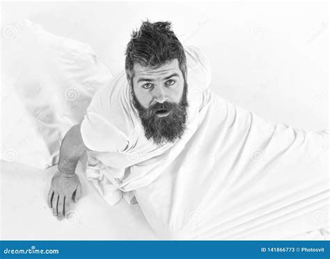 Man With Sleepy Face Sit In Bed White Sheets Stock Image Image Of Indoors Surprised 141866773