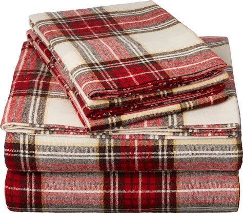 Pinzon Plaid Flannel Bed Sheet Set King Cream And Red Plaid Amazon Ca Home