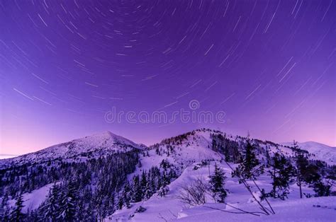 Milky Way Galaxy Purple Night Sky Stars Above Mountains Stock Image