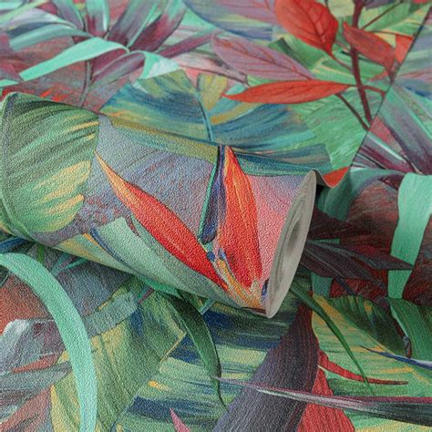 Grandeco Paradise Jungle Painted Flower Red And Green Textured