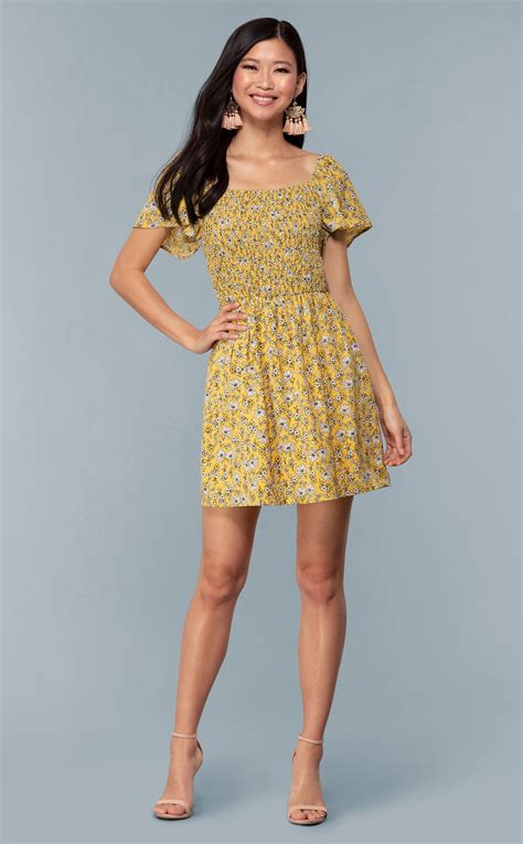 Short Casual Yellow Dress With Smocked Bodice Floral Print Party