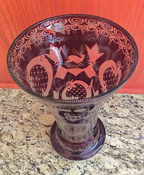 Antique Etched Egermann Ruby Red Crystal Czech Bohemian Large 10 Vase 2064087902