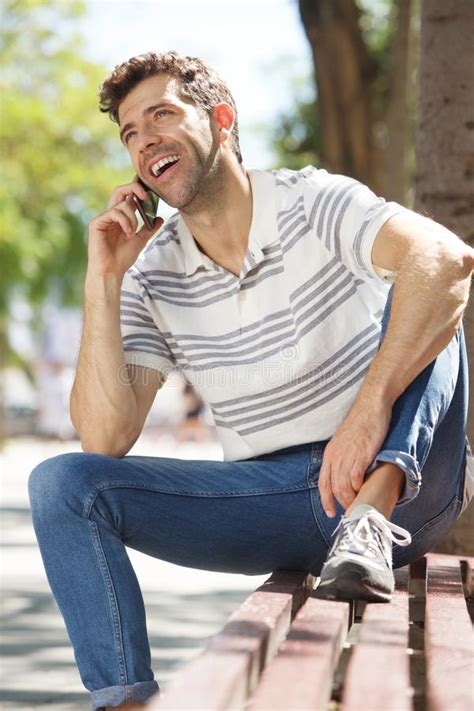 Handsome Young Man Sitting Bench Smiling Candid Stock Photos Free