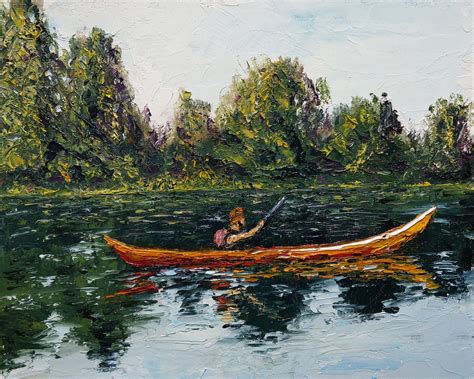 Kayaking Canoe River Oil On Canvas Cardboard Original Etsy