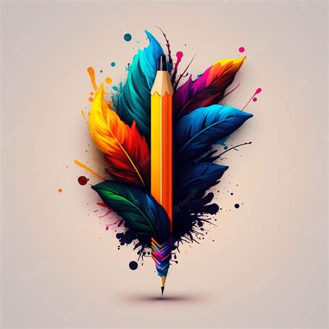 Premium Photo Creative Logo With A Pencil Surrounded By Bright Feathers
