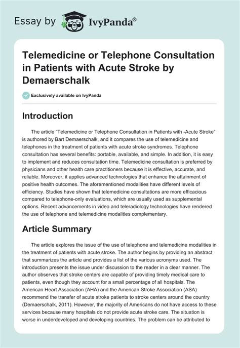 telemedicine in patients with acute stroke 863 words essay example