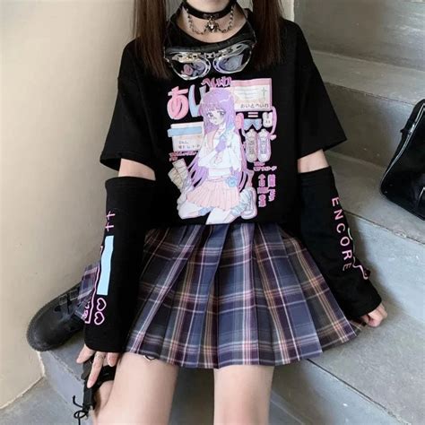 Japanese Streetwear E Girl Anime Tshirt Clothes With Arm Cover Etsy