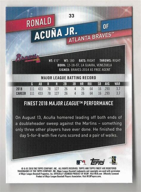 Ronald Acuna Jr 2019 Topps Finest Card 33 Braves Superstar Ebay