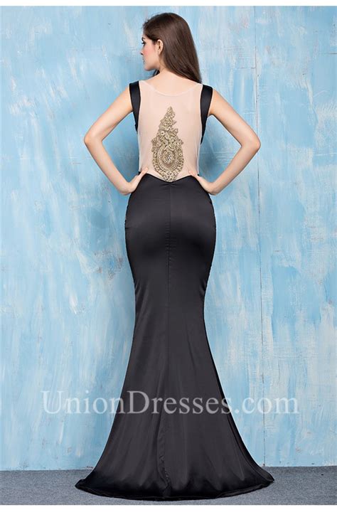 Slim Mermaid V Neck High Slit Black Silk Satin Evening Prom Dress