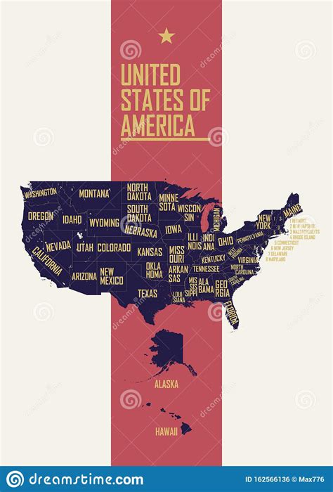 Color Poster With Detailed Map Of The United States Of America With