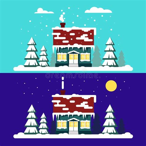 Winter Cozy House With Fits On Blue Background Christmas Time Happy