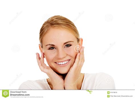 Young Happy Woman Holding Both Hands On Cheeks Stock Image Image Of