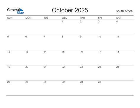 South Africa October 2025 Calendar With Holidays