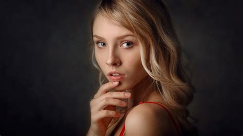 Alexey Kishechkin Women Alice Tarasenko Blonde Looking At Viewer Parted Lips Simple Background