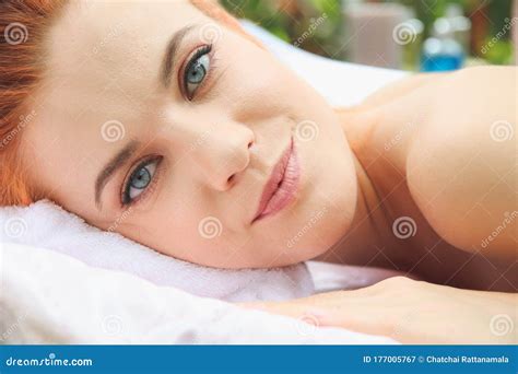 Closeup Face Beautiful Women Resting Relaxing In Spa Resort With Look At Camera Woman Lying