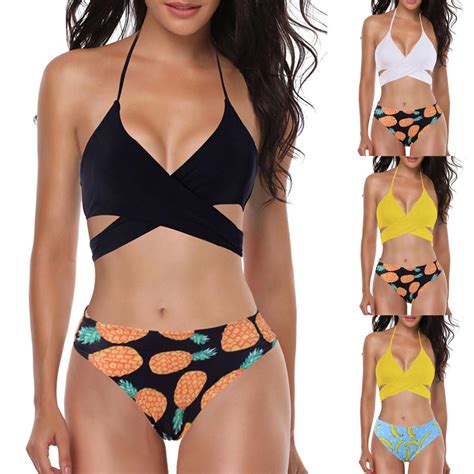 buy ad women padded halter sexy lace up pineapple print beach suit bikini swimwear at affordable