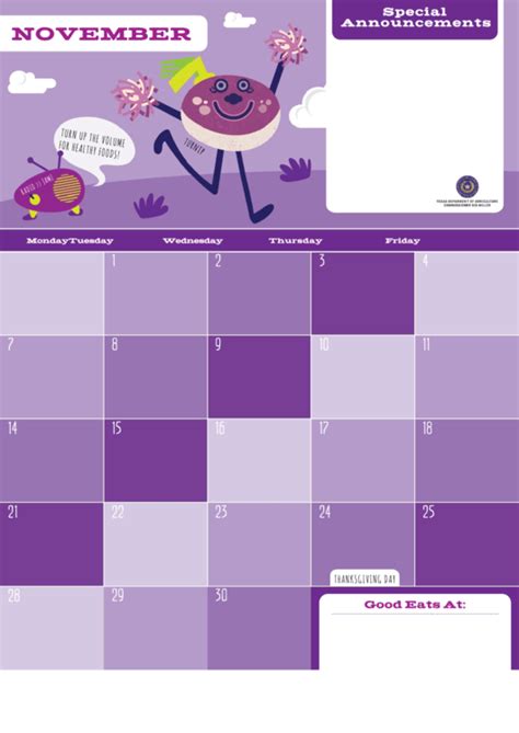 Fillable November Eating Calendar Turnips Printable Pdf Download