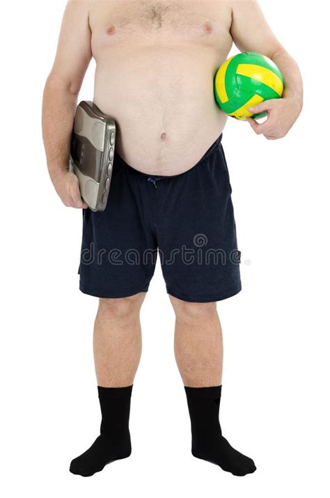 Obese Man Stands With Scales And Ball Stock Image Image Of Waist