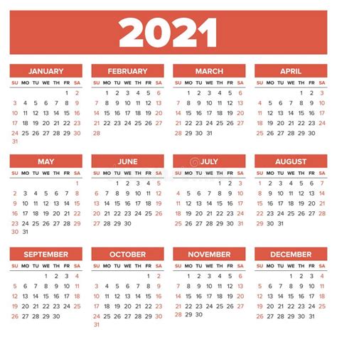 Calendario 2021 Años Plantilla Del Calendario Del Bolsillo O De Pared Del Vector Diseño Simple
