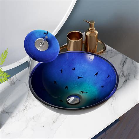 Mr Direct Lightdark Blue Tempered Glass Vessel Round Bathroom Sink At