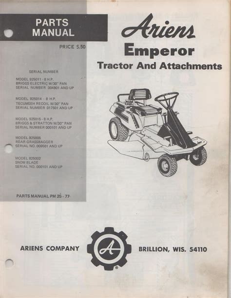 Buy Ariens Emperor Tractor And Attachments Parts Manual Pn Pm 25 77 040