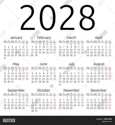 Simple Calendar 2028 Vector And Photo Free Trial Bigstock
