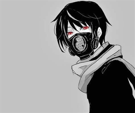 Black And White Anime Boy With Black Gas Mask And Red