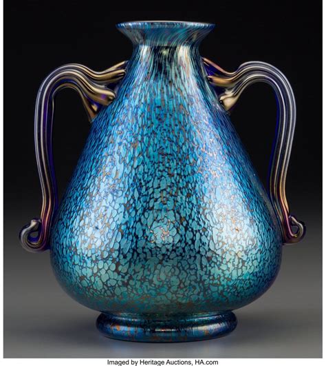 Art nouveau art glass vase iridescent feathered with metal mount czech. Loetz Iridescent Blue Glass Handled Vase | Art, Souffleur ...