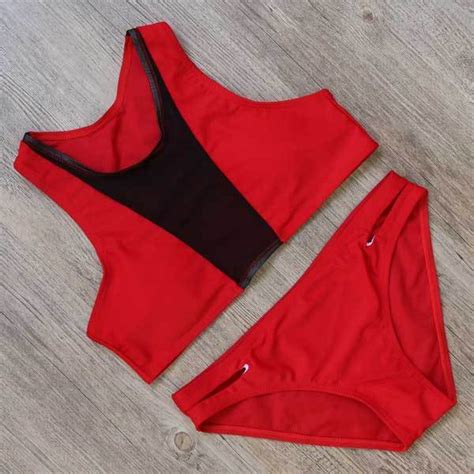 Women Bikini Set Red Crop Top Tank Swimwear Bathing Suit Swimming 2017