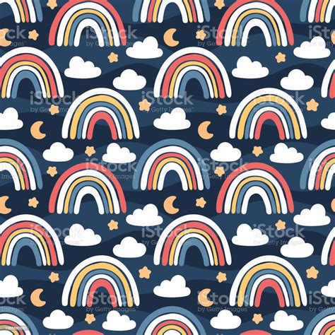 Hand Drawn Rainbows Cloud And Star Cartoon Baby Texture For Fabric