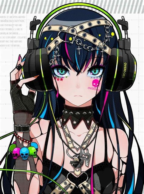 Anime Girl Punk Headphones Hair Color Streaks Blue Nicewords