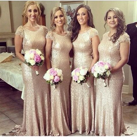 Buy Cheap Gold Sequin Bridesmaid Dresses Backless 2016 Stright Cap Sleeve Long