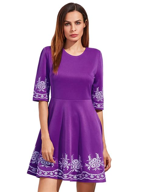 Purple Embroidered Half Sleeve Flare Dress Sheinsheinside