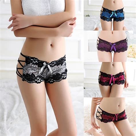 Sexy Women Hollow Lingerie Lace Bowknot Hipster Panties Bandage Low Waist Perspective Underwear