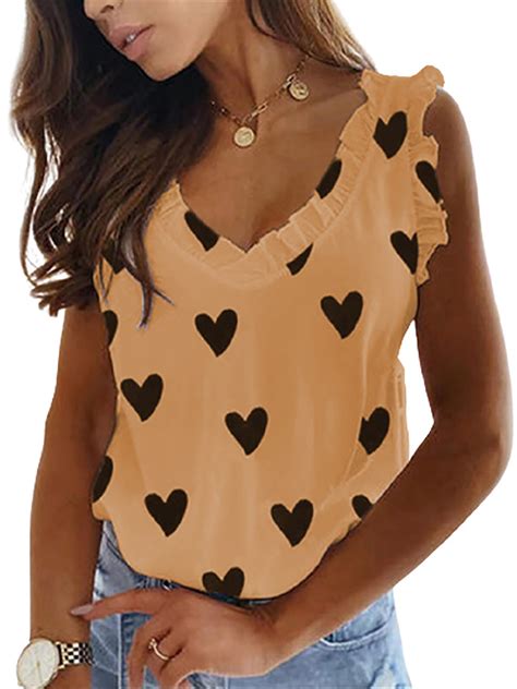 lumento sleeveless tank top for women casual loose ruffle heart print tunic tops blouse