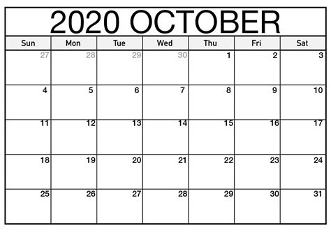 October 2020 Calendar Template Monthly Excel Wishes Images
