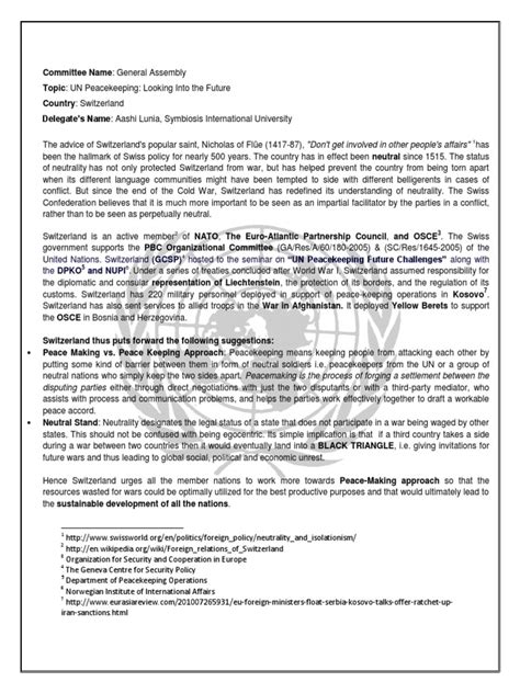 Teaching and training model un resources; Sample Position Paper for MUN | Peacekeeping | Switzerland