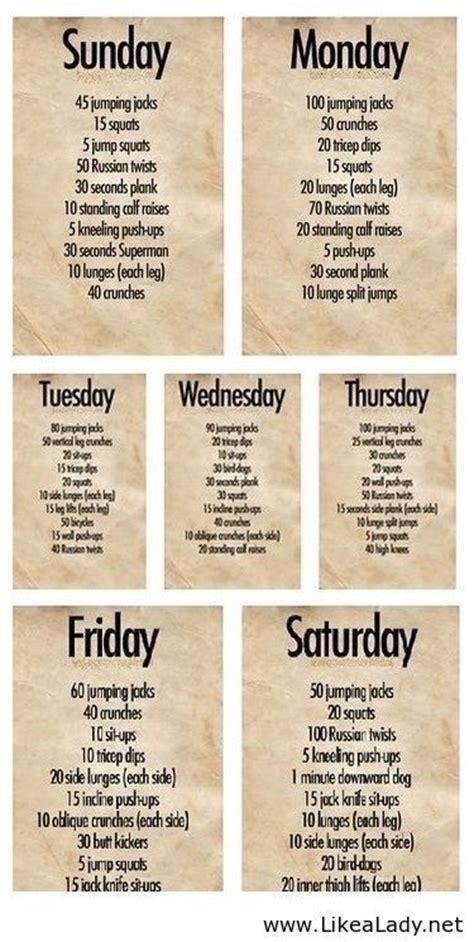 Daily Workout Exercise Timetable Daily Workout Daily