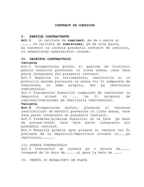 Contract DE Comision o clauză de mobilitate CONTRACT DE COMISION I PARTILE CONTRACTANTE Art