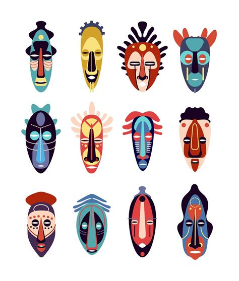 African Mask Colorful Ethnic Tribal Ritual Masks Of Different Shapes