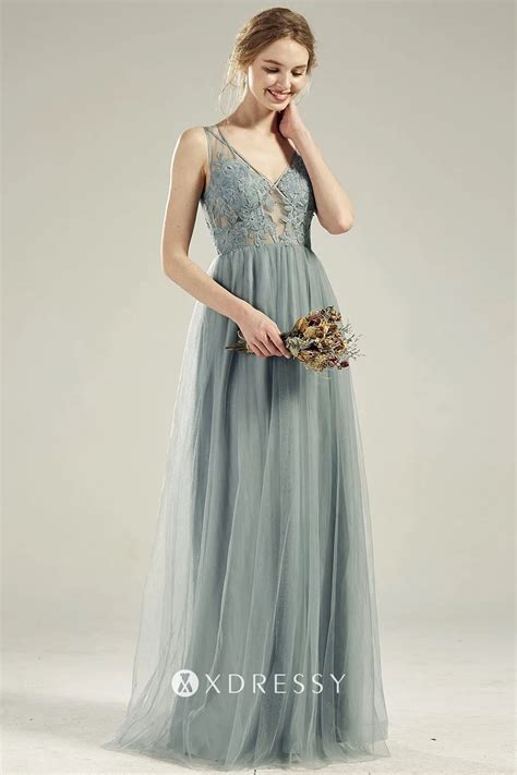 sexy dusty blue lace and tulle v neck bridesmaid dress xdressy