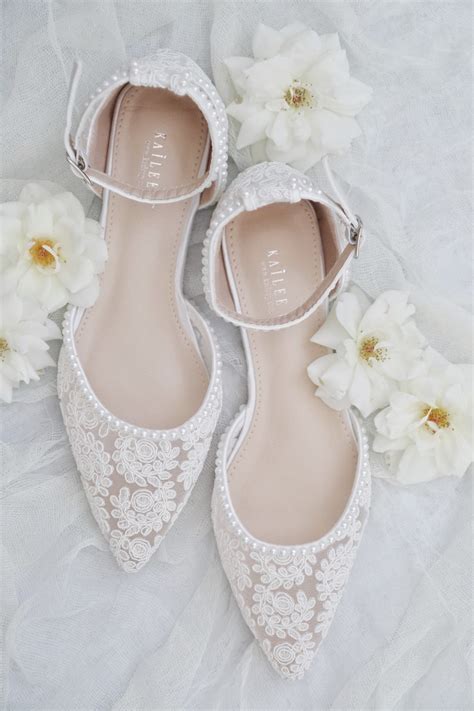 White Crochet Lace Pointy Toe Flats With Mini Pearls Women Etsy