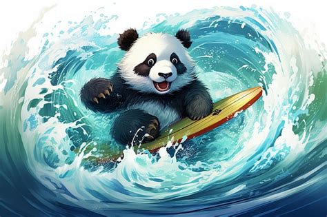 Premium Ai Image Cute Cartoon Panda Surfing Off Of The Hokusai Wave