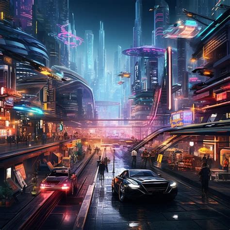 Premium Photo A Bustling Cyberpunk Cityscape With Neon Lights Flying