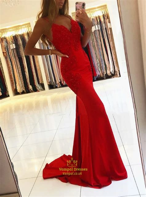Red Mermaid Spaghetti Strap V Neck Lace Applique Backless Prom Dresses Vampal Dresses