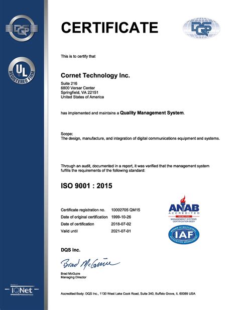 Iso 90012015 Certification Cornet