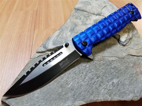 Mtech 9 Folding Spring Assisted Blue Tactical Pocket Knife With Glass