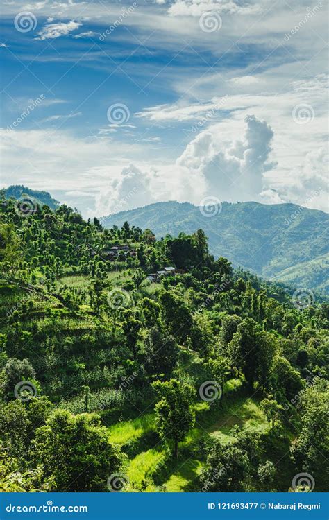 Aerial View Of Beautiful Nepali Village Surrounded By The Green Stock